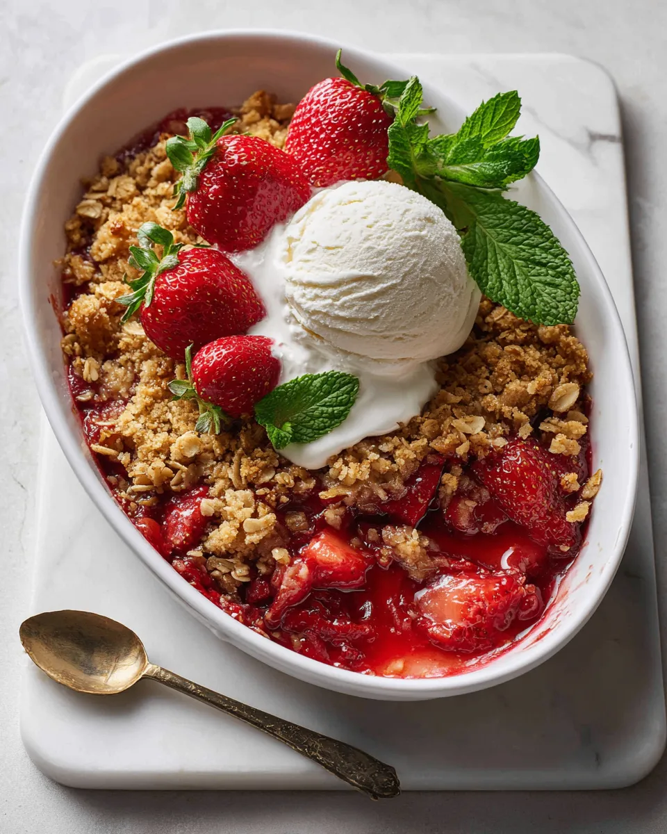 Delicious Strawberry Crisp with strawberries and oat crumble served warm, ideal for holiday desserts.