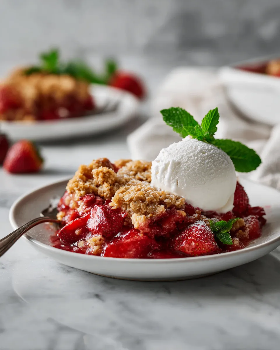 Delicious Strawberry Crisp with strawberries and oat crumble served warm, ideal for holiday desserts.