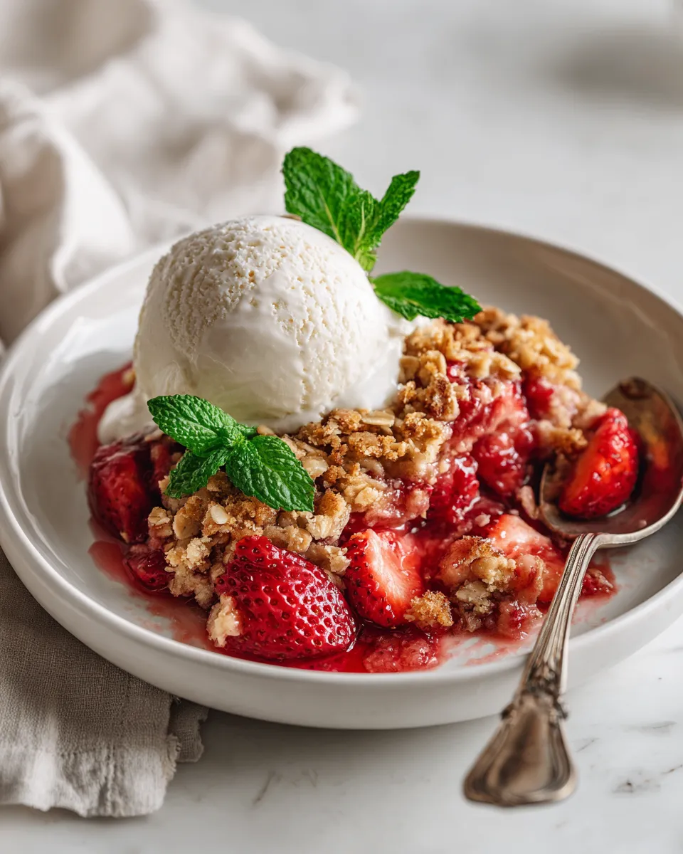 Delicious Strawberry Crisp with strawberries and oat crumble served warm, ideal for holiday desserts.