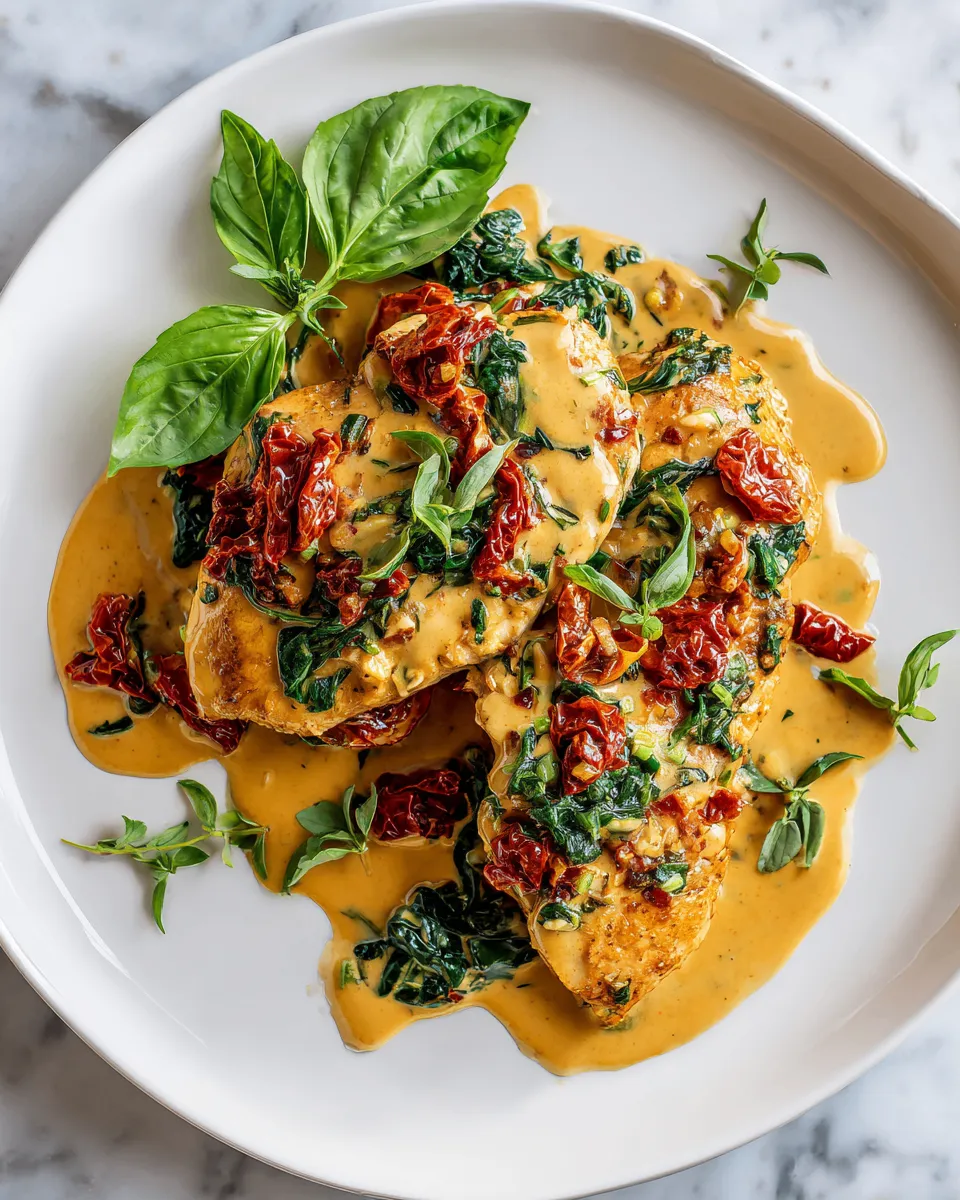 Tuscan garlic chicken with creamy sauce and fresh herbs in a skillet, perfect for holiday gatherings, quick dinners, and impressing guests.