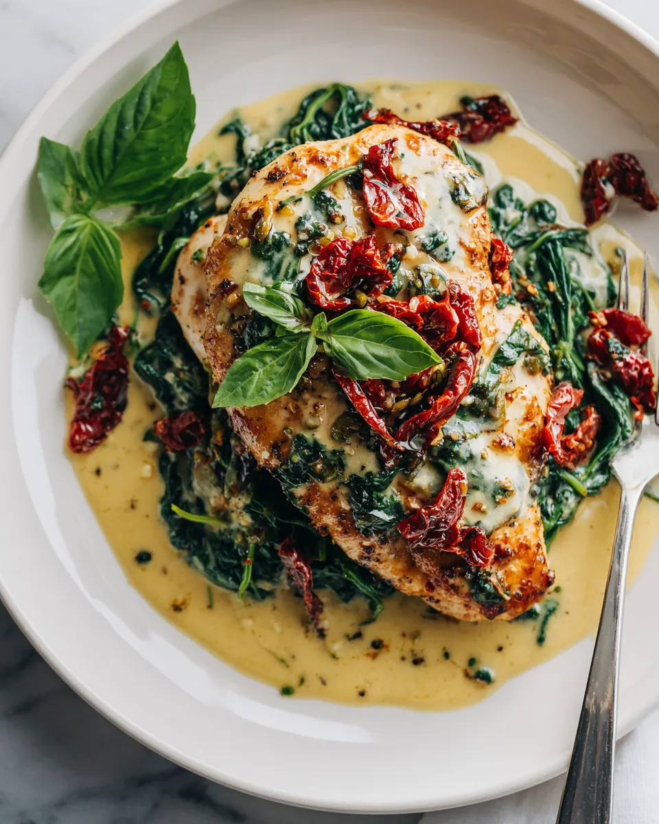 Tuscan garlic chicken with creamy sauce and fresh herbs in a skillet, perfect for holiday gatherings, quick dinners, and impressing guests.