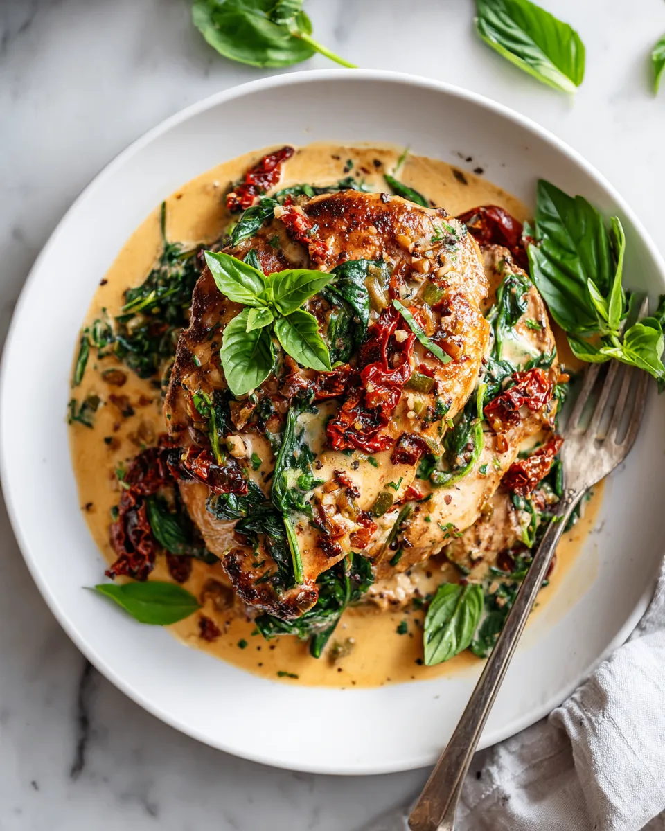 Tuscan garlic chicken with creamy sauce and fresh herbs in a skillet, perfect for holiday gatherings, quick dinners, and impressing guests.