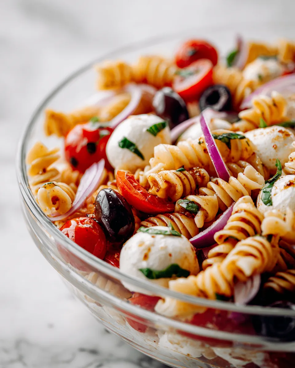 Colorful Tuscan pasta salad with rotini, cherry tomatoes, mozzarella, and vibrant dressing, perfect for holiday gatherings