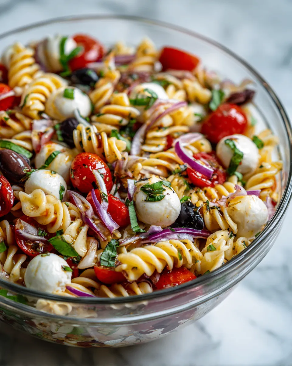 Colorful Tuscan pasta salad with rotini, cherry tomatoes, mozzarella, and vibrant dressing, perfect for holiday gatherings