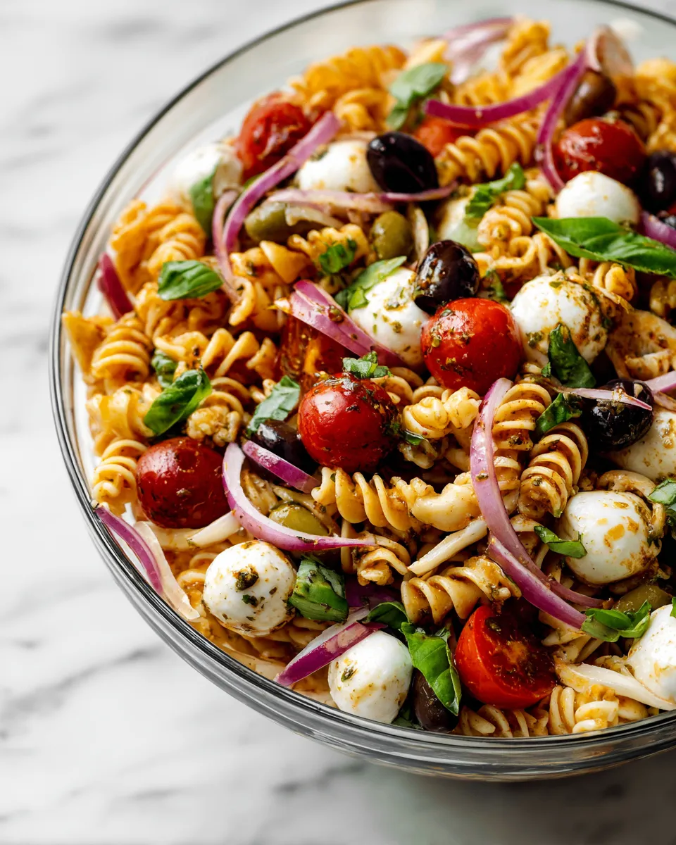 Colorful Tuscan pasta salad with rotini, cherry tomatoes, mozzarella, and vibrant dressing, perfect for holiday gatherings