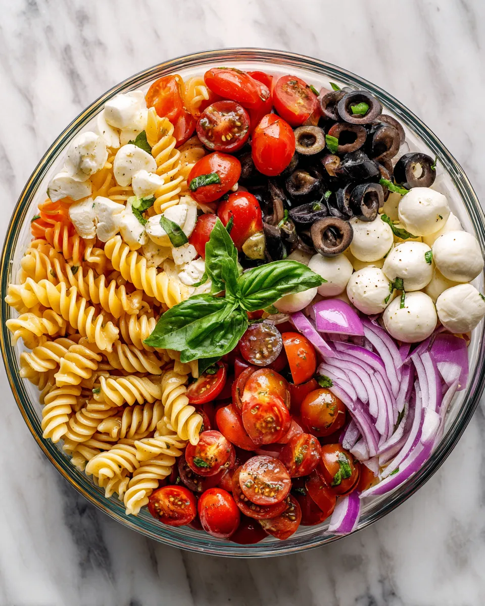 Colorful Tuscan pasta salad with rotini, cherry tomatoes, mozzarella, and vibrant dressing, perfect for holiday gatherings