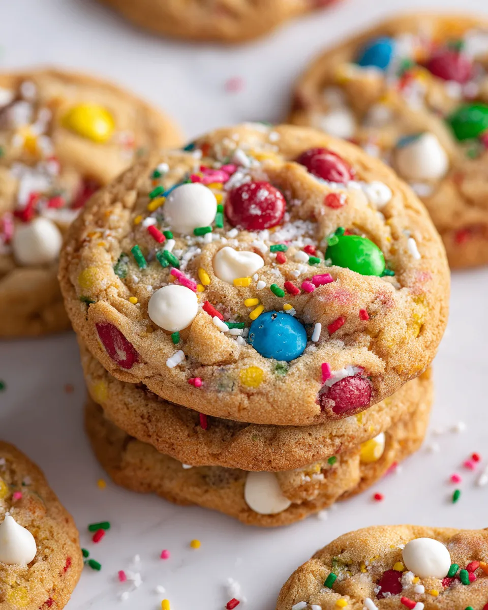 Delicious plate of White Chocolate M&M's Pudding Cookies, perfect for holiday baking, soft and chewy texture, festive colors, easy recipe.