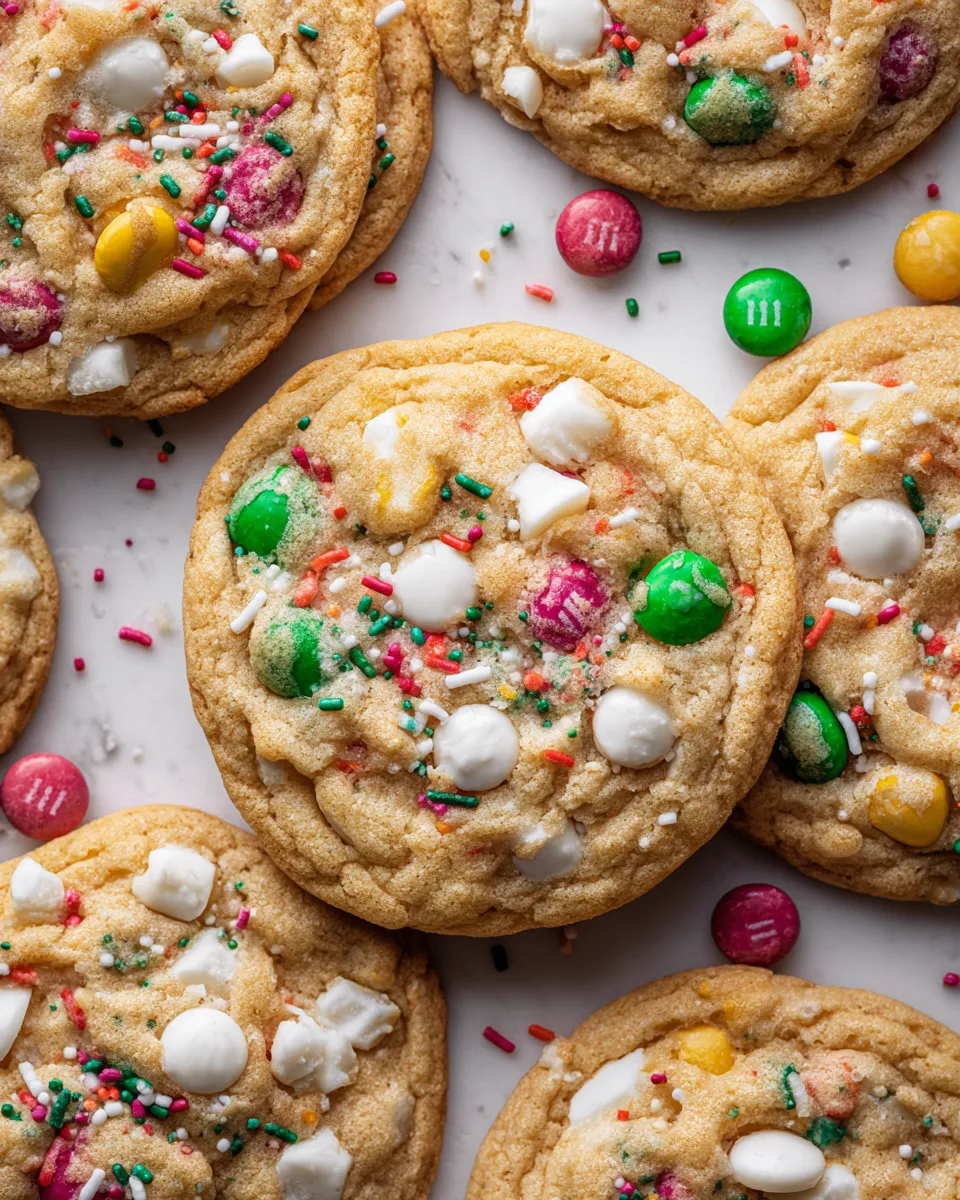 Delicious plate of White Chocolate M&M's Pudding Cookies, perfect for holiday baking, soft and chewy texture, festive colors, easy recipe.