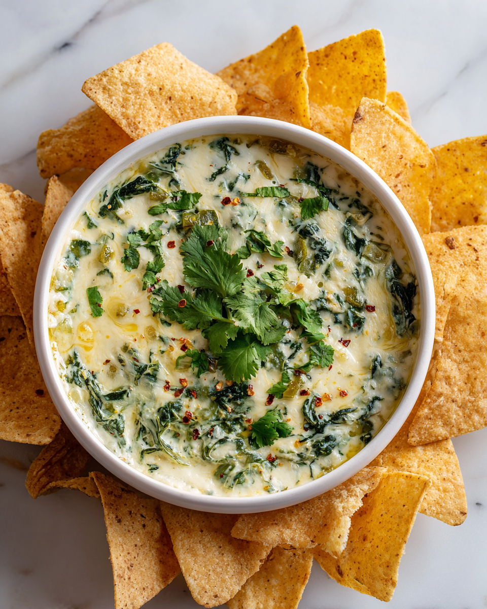 Creamy white spinach queso dip featuring spinach and cheese for festive gatherings.