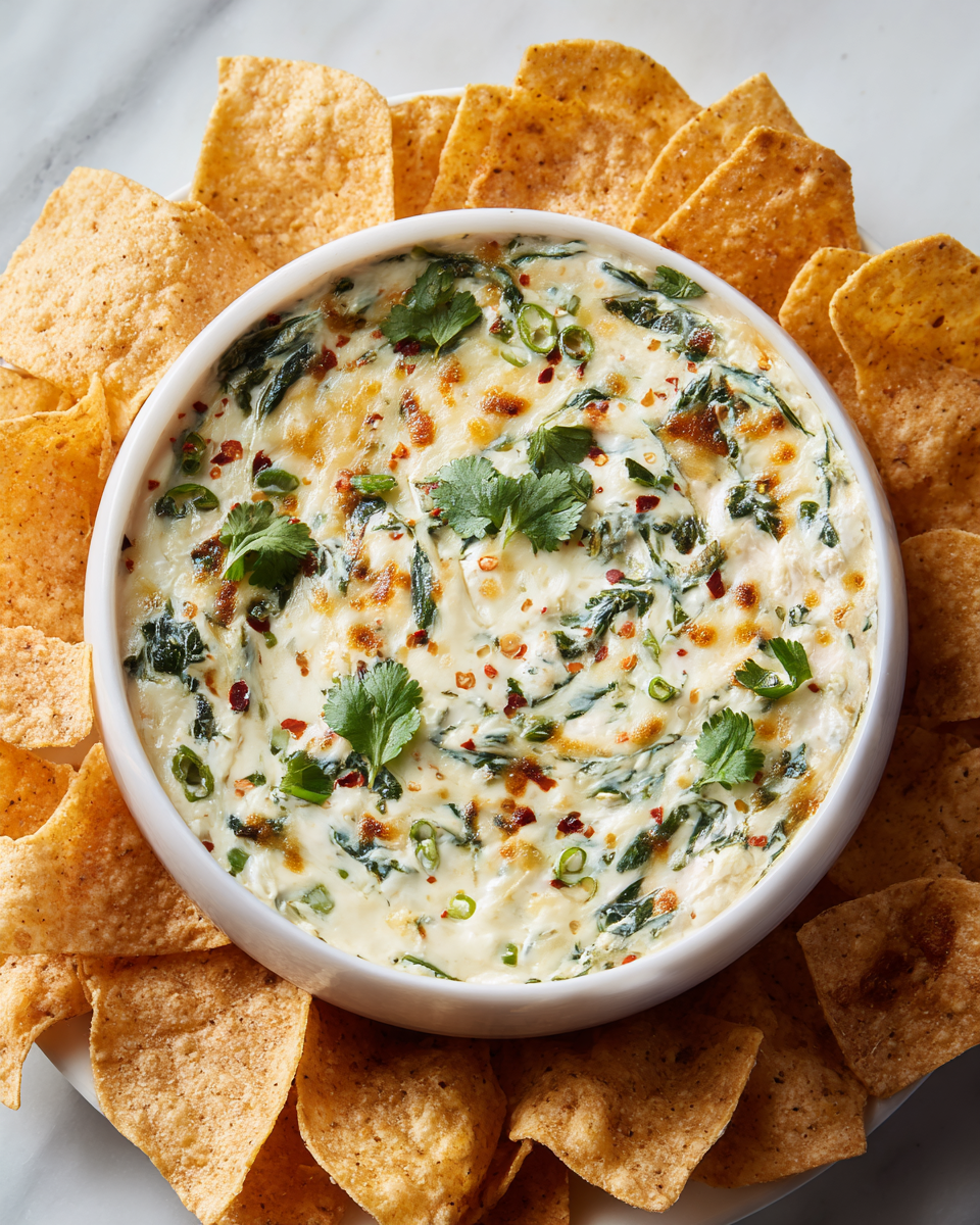 Creamy white spinach queso dip featuring spinach and cheese for festive gatherings.