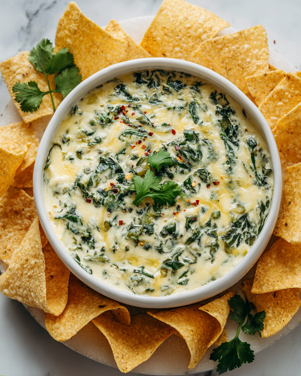 Creamy white spinach queso dip featuring spinach and cheese for festive gatherings.
