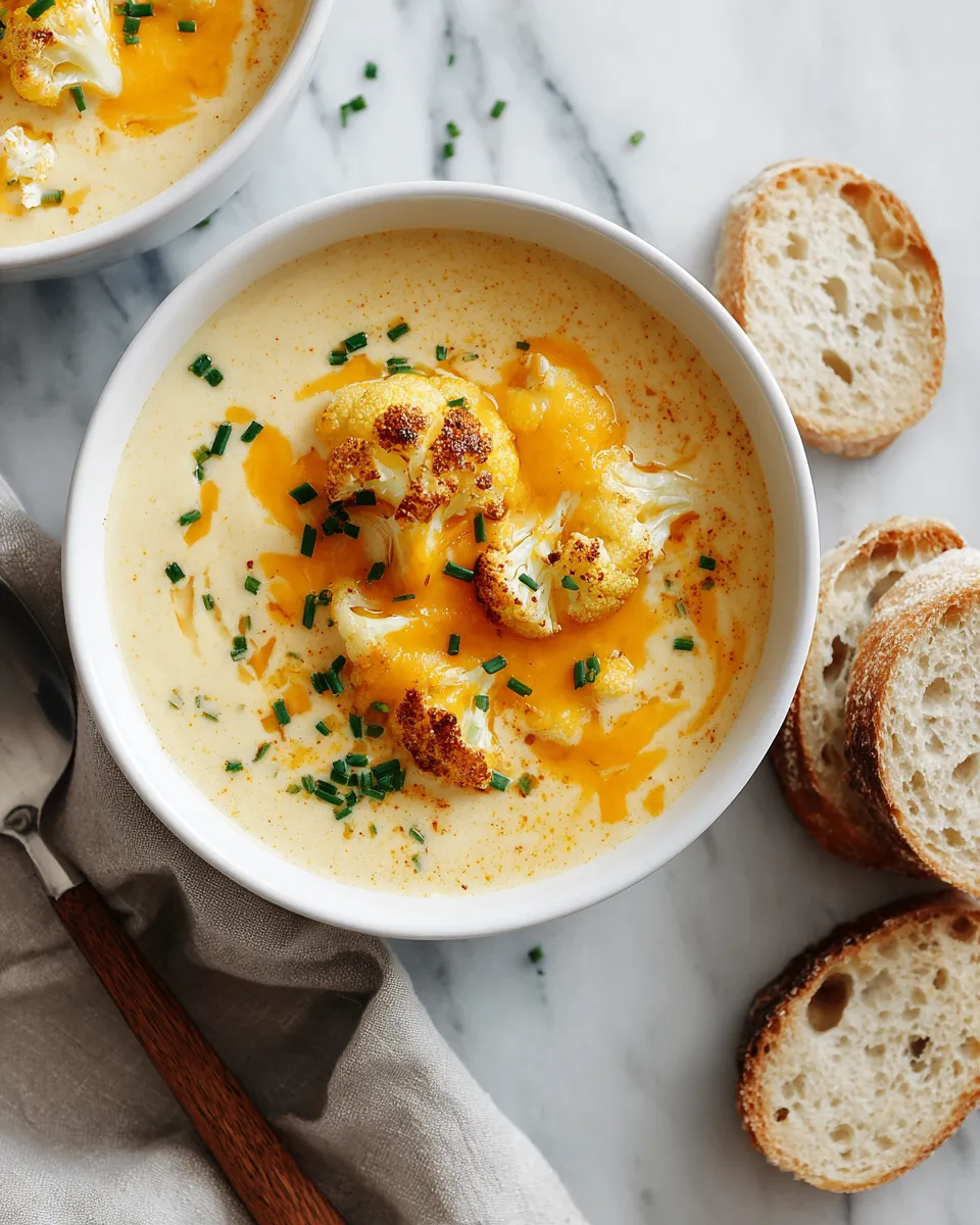 Delicious creamy Wisconsin Cauliflower Soup featuring roasted cauliflower, rich cream, and cheddar, perfect for chilly days.
