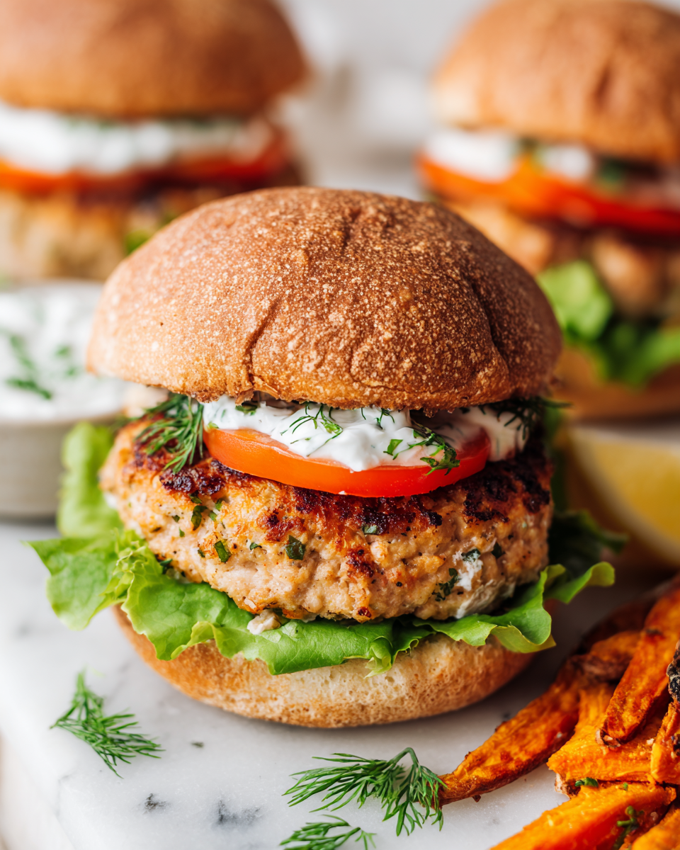 Juicy air fryer turkey burgers recipe with whole-grain buns, topped with fresh veggies and Greek yogurt, ideal for quick holiday meals.