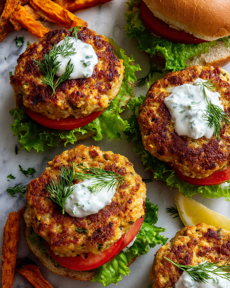 Juicy air fryer turkey burgers recipe with whole-grain buns, topped with fresh veggies and Greek yogurt, ideal for quick holiday meals.