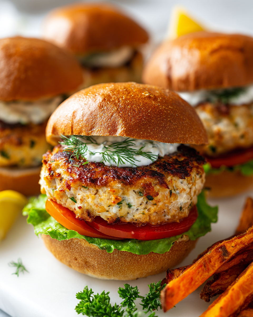 Juicy air fryer turkey burgers recipe with whole-grain buns, topped with fresh veggies and Greek yogurt, ideal for quick holiday meals.