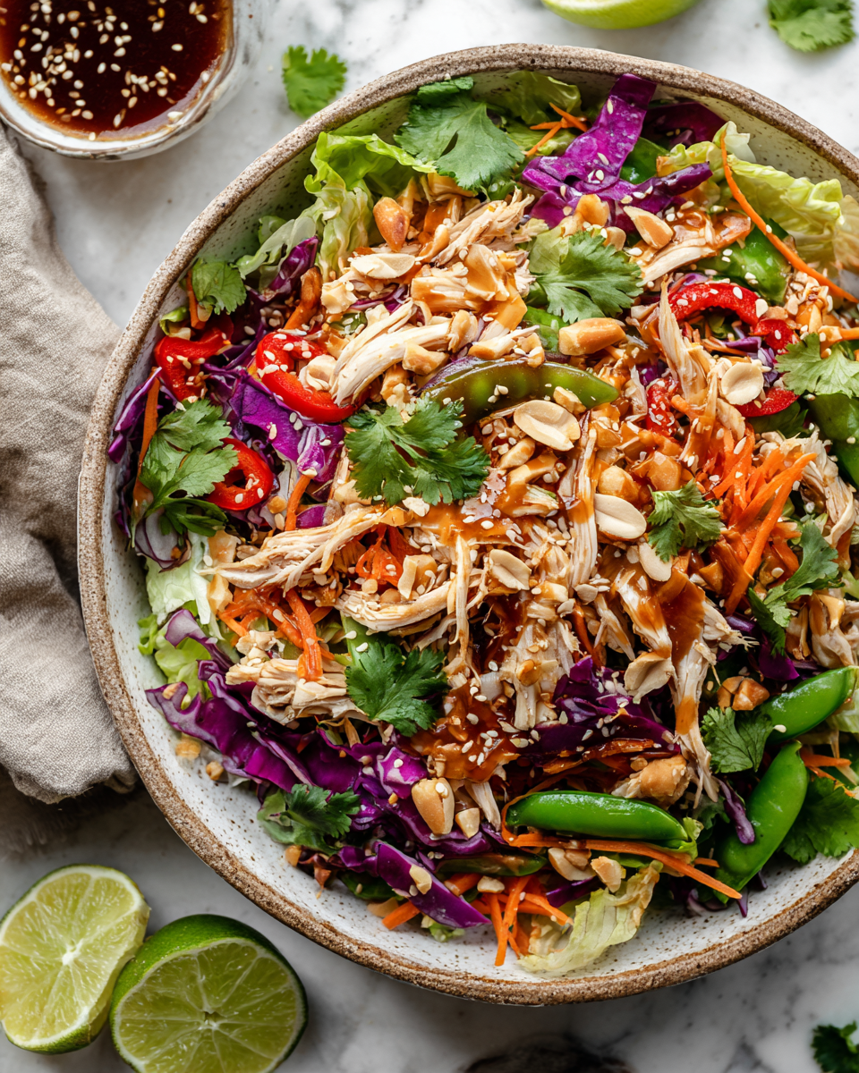 Asian Chicken Crunch Salad with vibrant vegetables and shredded chicken in a flavorful dressing, ideal for light meals and holiday gatherings
