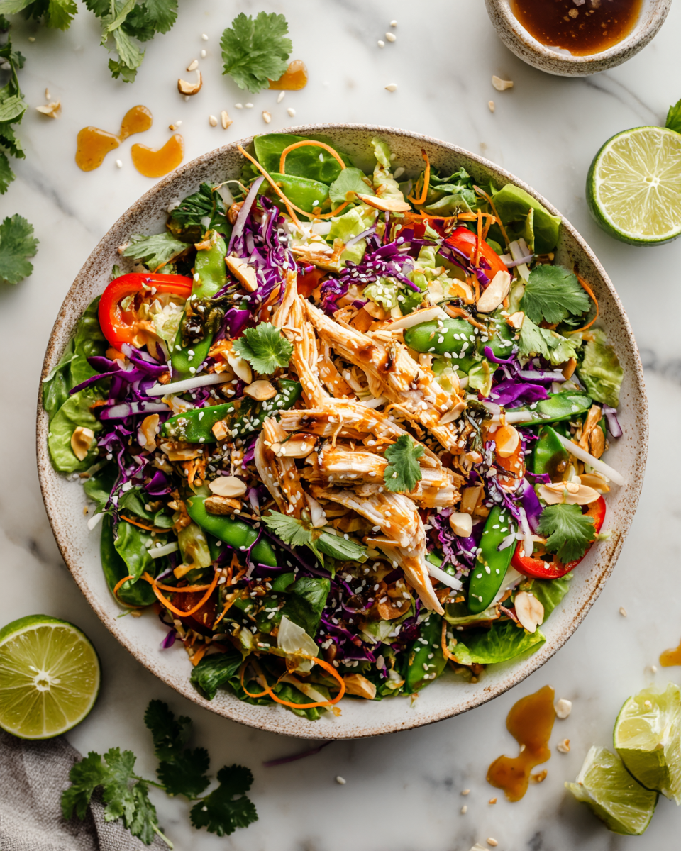 Asian Chicken Crunch Salad with vibrant vegetables and shredded chicken in a flavorful dressing, ideal for light meals and holiday gatherings