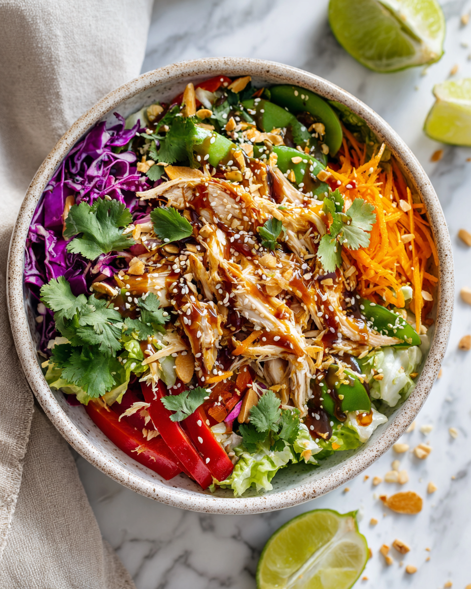 Asian Chicken Crunch Salad with vibrant vegetables and shredded chicken in a flavorful dressing, ideal for light meals and holiday gatherings