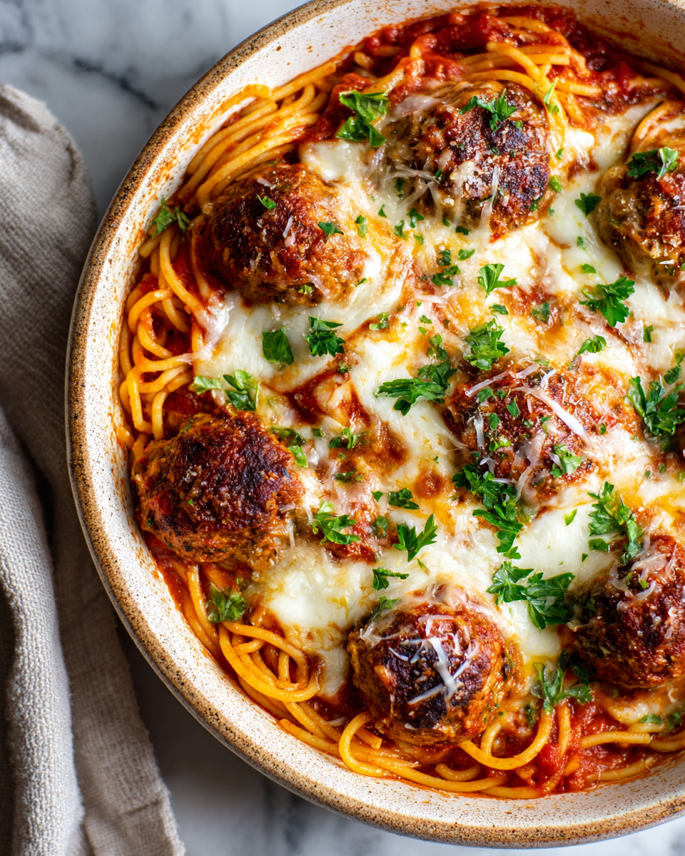 A cozy dish of baked spaghetti and meatballs topped with gooey cheese, perfect for autumn dinners and holiday gatherings with family.