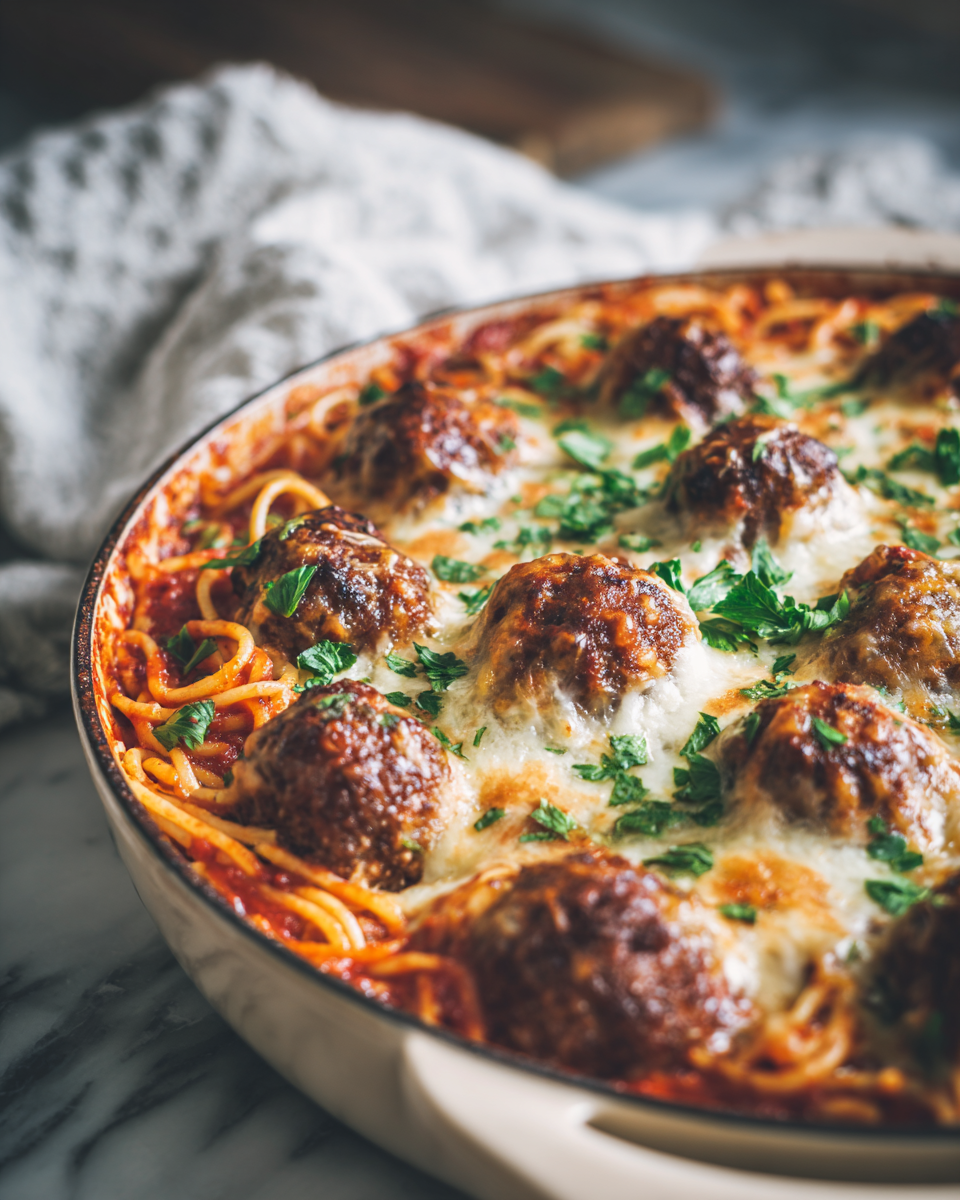 A cozy dish of baked spaghetti and meatballs topped with gooey cheese, perfect for autumn dinners and holiday gatherings with family.