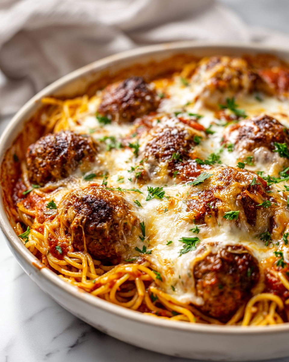 A cozy dish of baked spaghetti and meatballs topped with gooey cheese, perfect for autumn dinners and holiday gatherings with family.