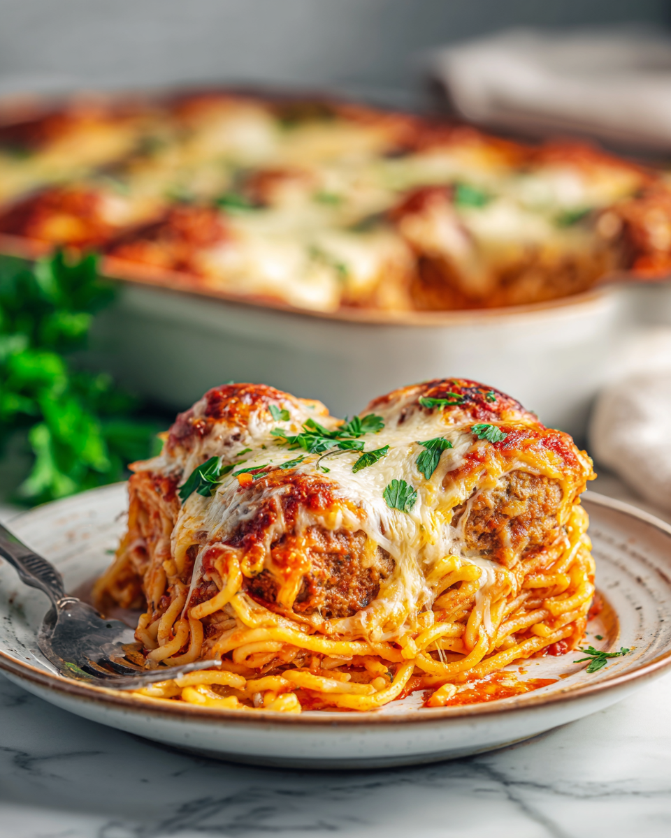 A cozy dish of baked spaghetti and meatballs topped with gooey cheese, perfect for autumn dinners and holiday gatherings with family.