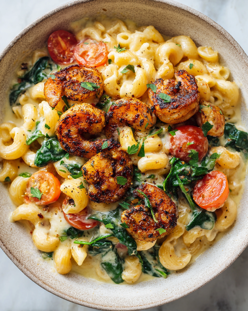 Creamy Blackened Shrimp Cavatappi with fresh spinach and cherry tomatoes, a delicious and quick pasta recipe perfect for cozy dinners.