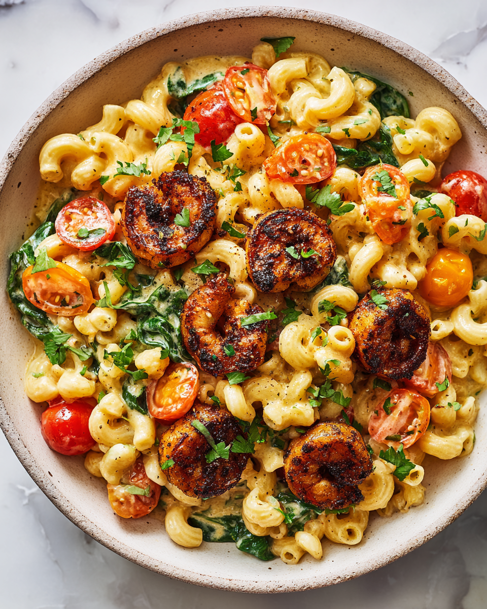 Creamy Blackened Shrimp Cavatappi with fresh spinach and cherry tomatoes, a delicious and quick pasta recipe perfect for cozy dinners.