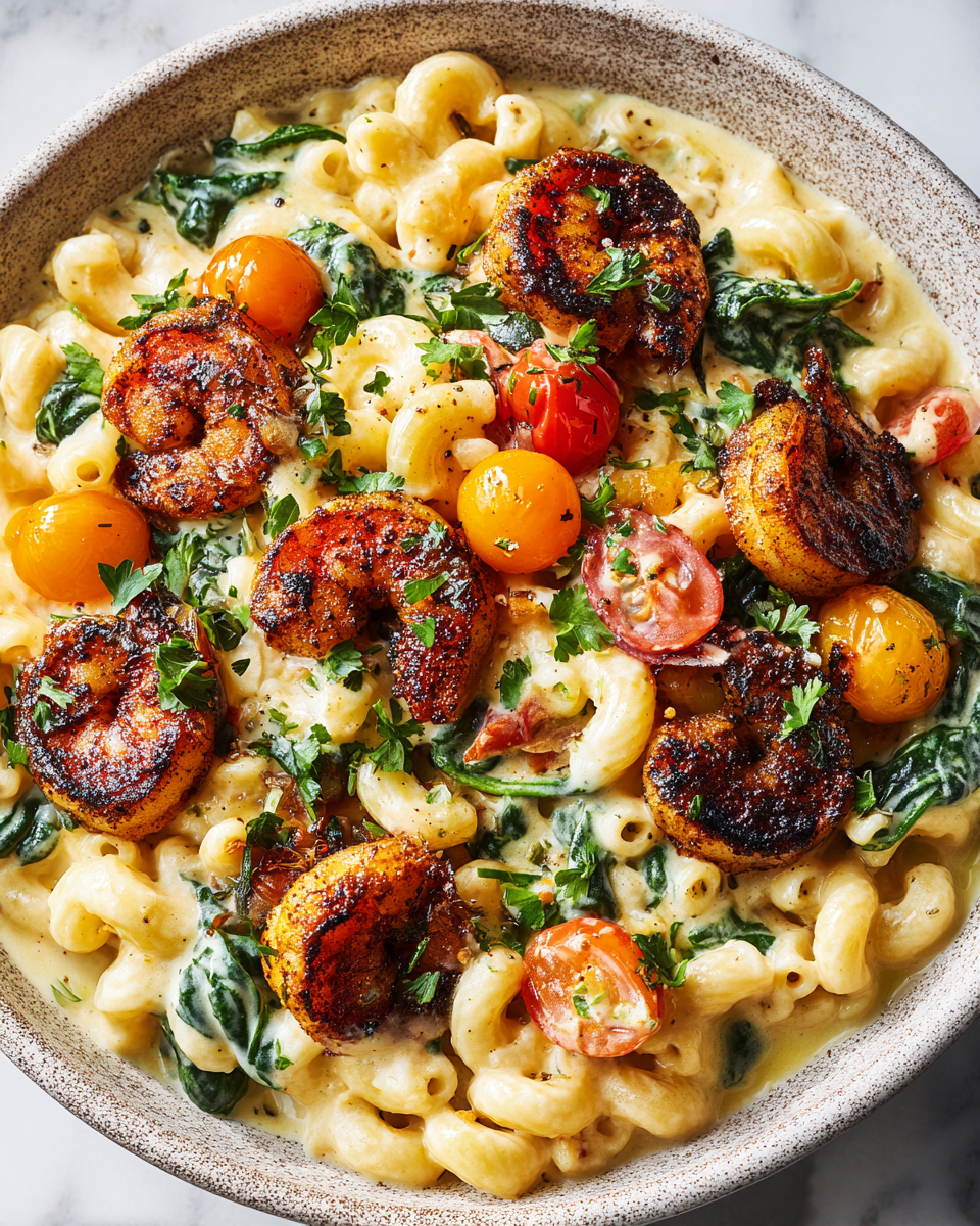 Creamy Blackened Shrimp Cavatappi with fresh spinach and cherry tomatoes, a delicious and quick pasta recipe perfect for cozy dinners.