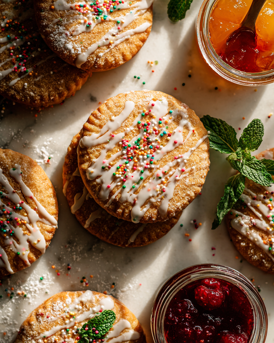 Homemade Brown Sugar Pop Tart Cookies filled with fruity preserves, a nostalgic holiday treat, perfect for gifting and indulging in sweet memories.