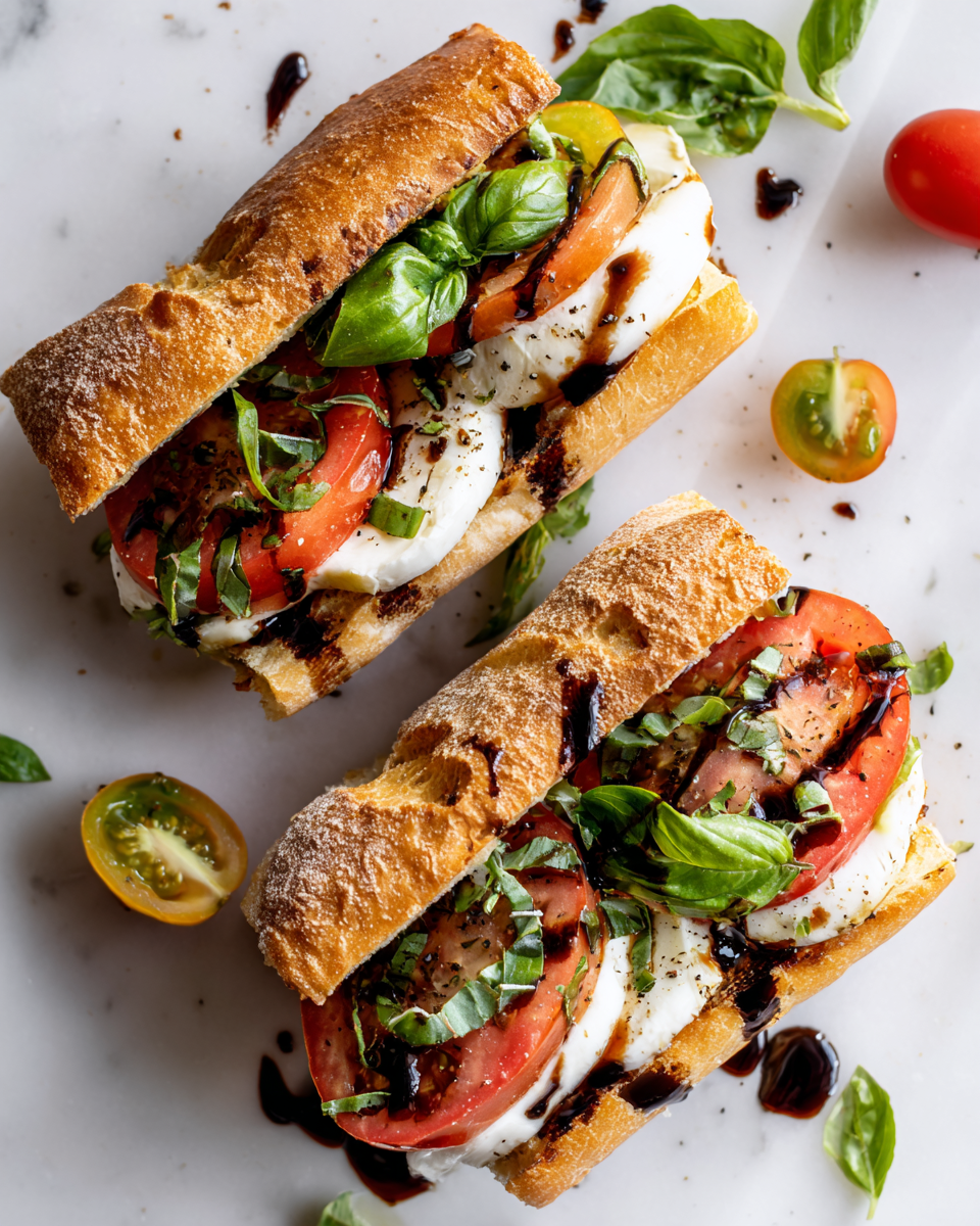 Caprese sandwich with fresh mozzarella, tomatoes, and basil on rustic bread, ideal for a festive appetizer or a quick lunch.