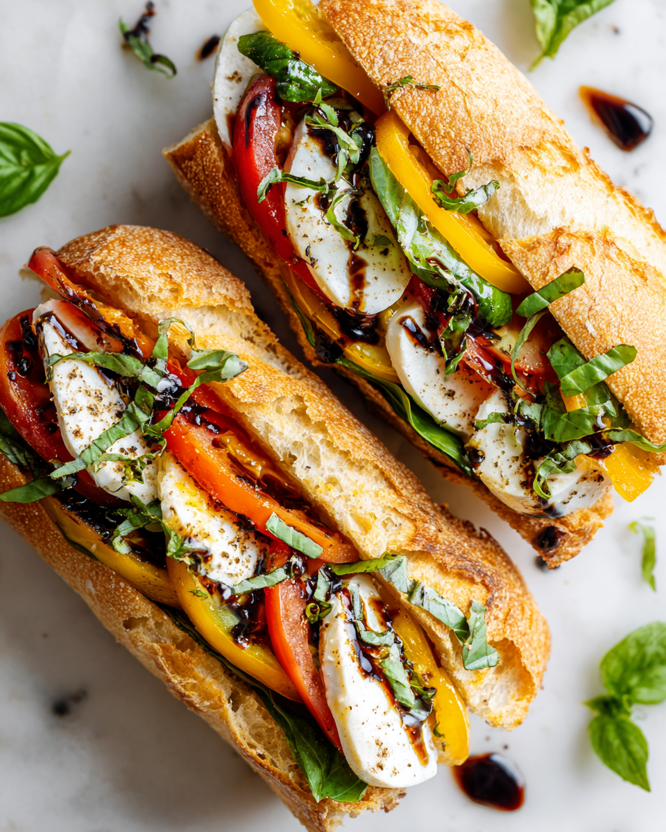 Caprese sandwich with fresh mozzarella, tomatoes, and basil on rustic bread, ideal for a festive appetizer or a quick lunch.
