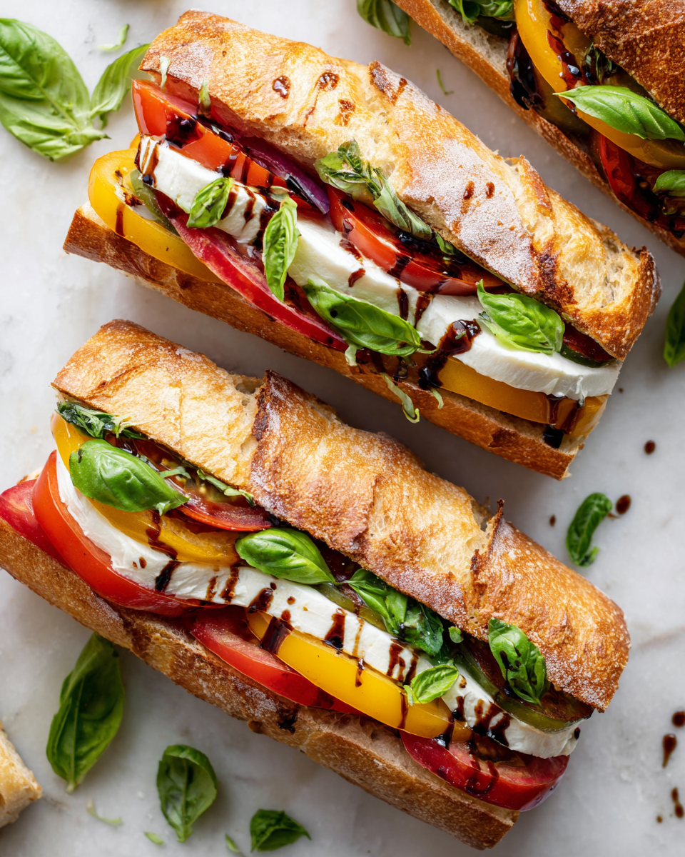 Caprese sandwich with fresh mozzarella, tomatoes, and basil on rustic bread, ideal for a festive appetizer or a quick lunch.