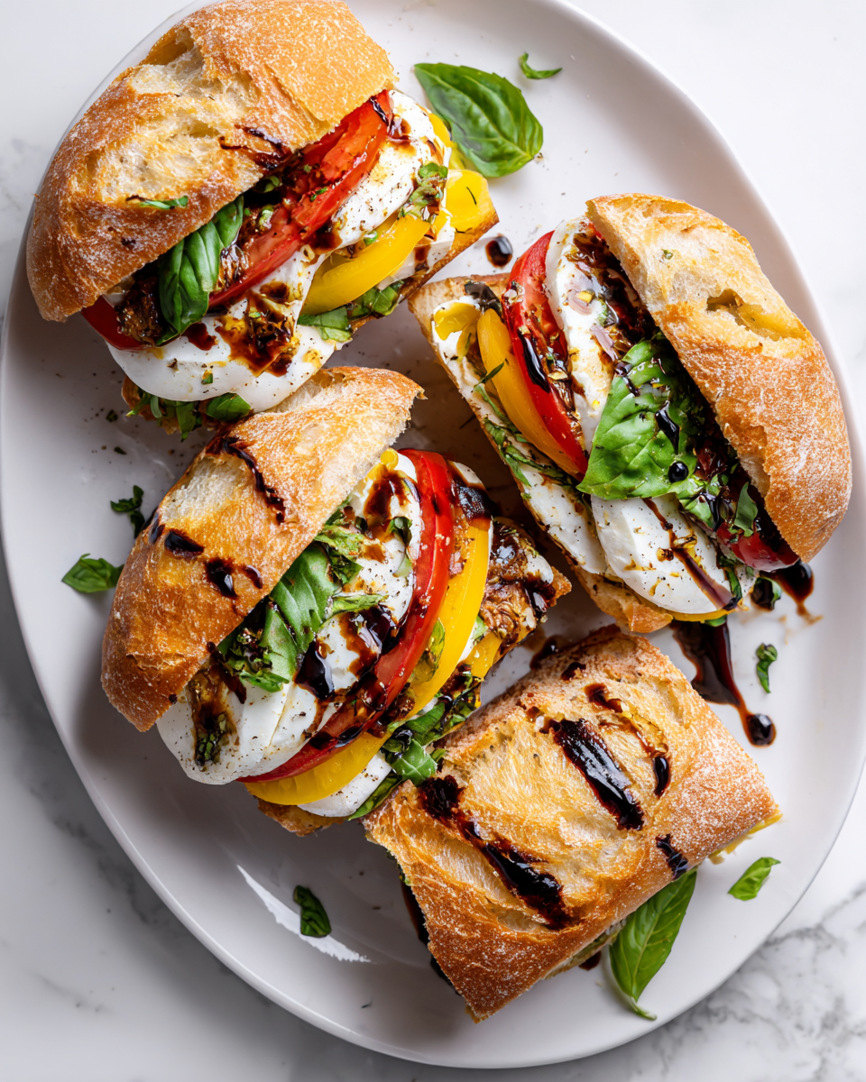 Caprese sandwich with fresh mozzarella, tomatoes, and basil on rustic bread, ideal for a festive appetizer or a quick lunch.