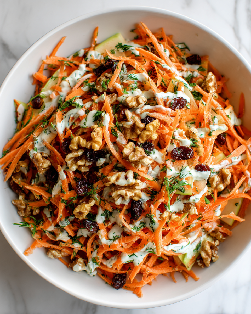 Crisp Carrot and Apple Salad with walnuts and yogurt dressing, perfect for autumn gatherings and healthy meals.