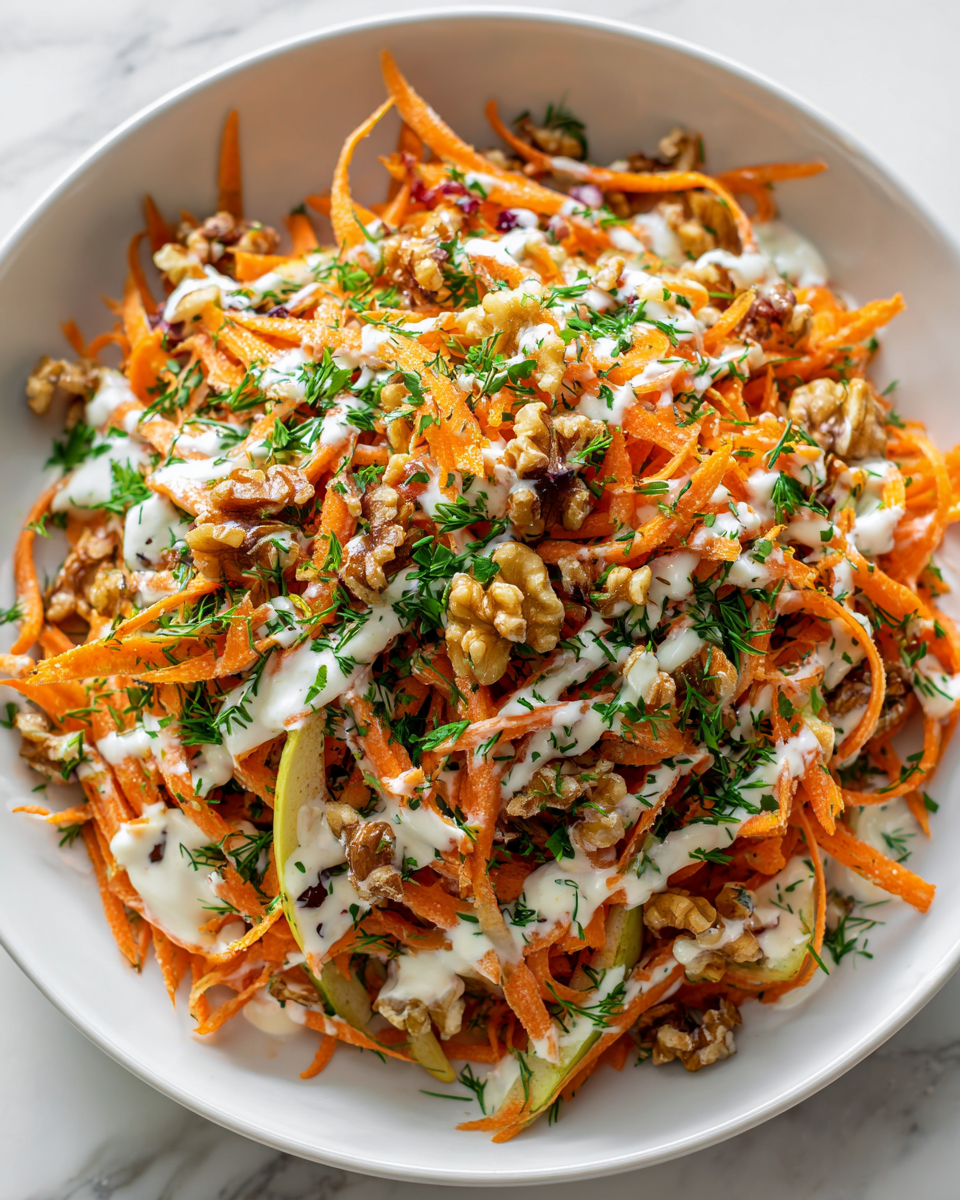 Crisp Carrot and Apple Salad with walnuts and yogurt dressing, perfect for autumn gatherings and healthy meals.