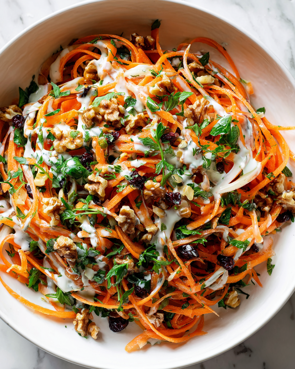 Crisp Carrot and Apple Salad with walnuts and yogurt dressing, perfect for autumn gatherings and healthy meals.