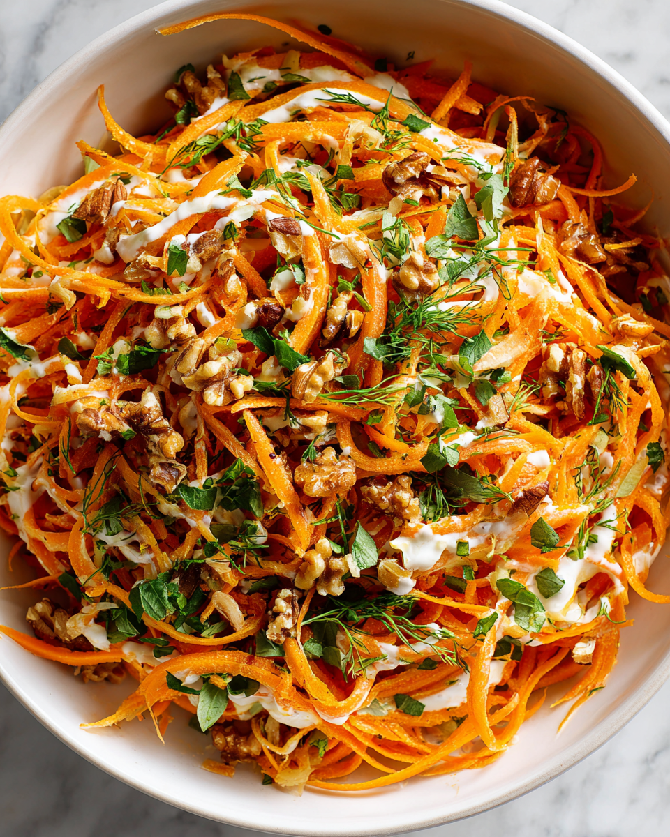 Crisp Carrot and Apple Salad with walnuts and yogurt dressing, perfect for autumn gatherings and healthy meals.