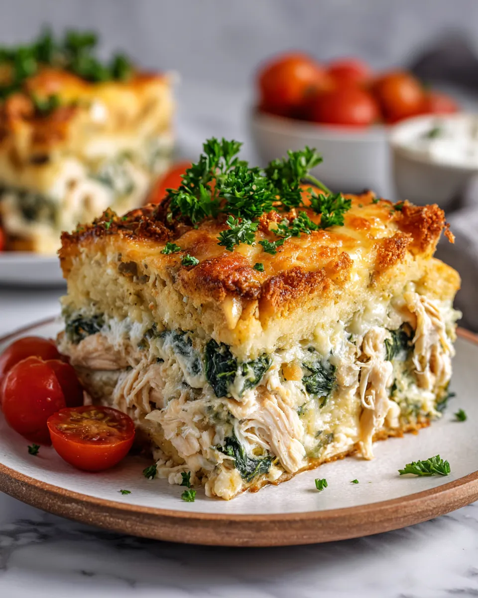 Delicious Chicken and Spinach Casserole topped with crunchy breadcrumbs, a perfect comfort dish for family gatherings and holidays
