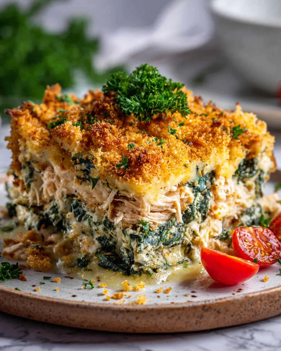 Delicious Chicken and Spinach Casserole topped with crunchy breadcrumbs, a perfect comfort dish for family gatherings and holidays