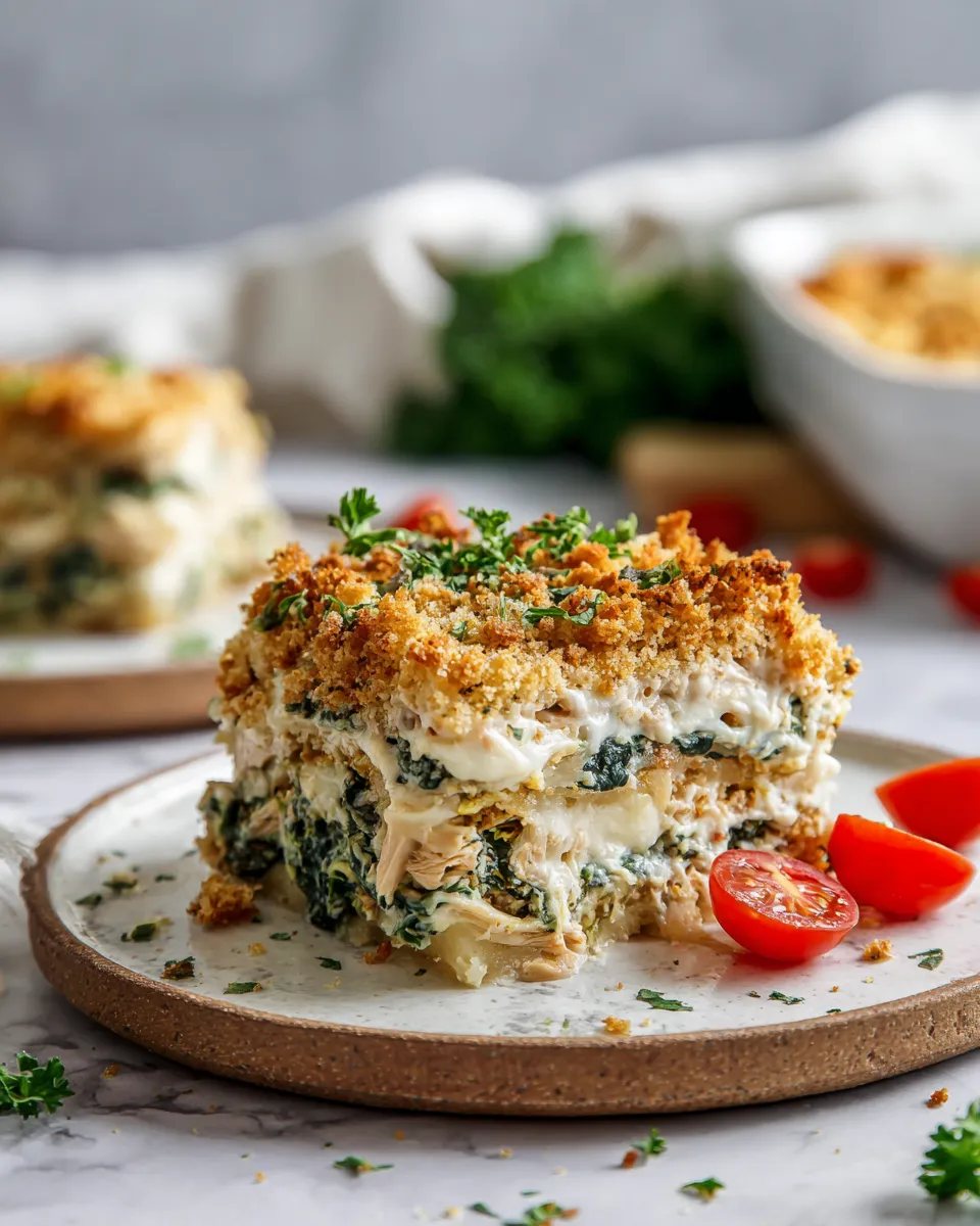 Delicious Chicken and Spinach Casserole topped with crunchy breadcrumbs, a perfect comfort dish for family gatherings and holidays