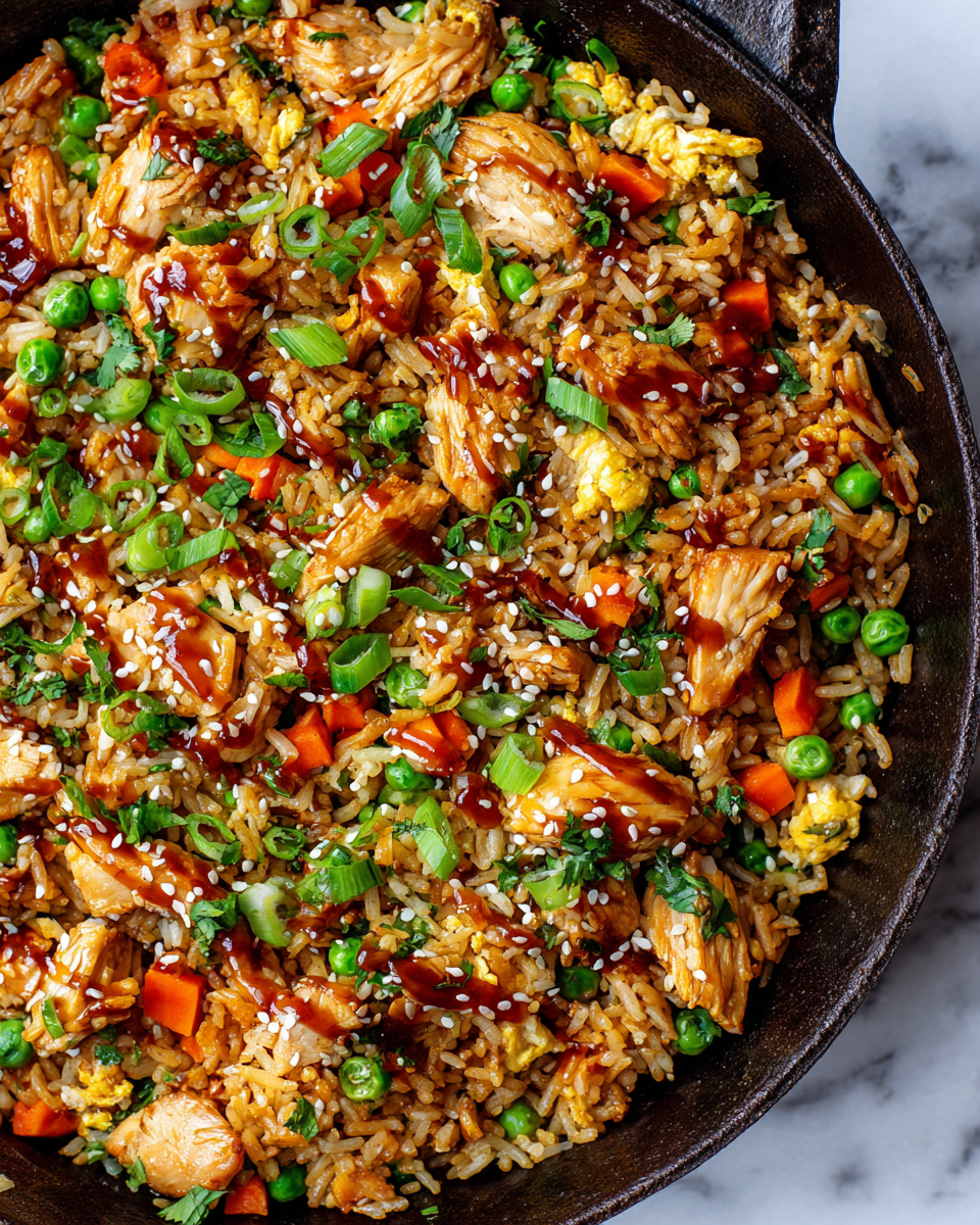 Chinese Chicken Fried Rice with vegetables and eggs, a quick stir-fry recipe for family dinners, using day-old rice for the best texture.