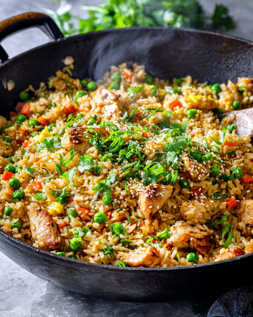 Chinese Chicken Fried Rice with vegetables and eggs, a quick stir-fry recipe for family dinners, using day-old rice for the best texture.