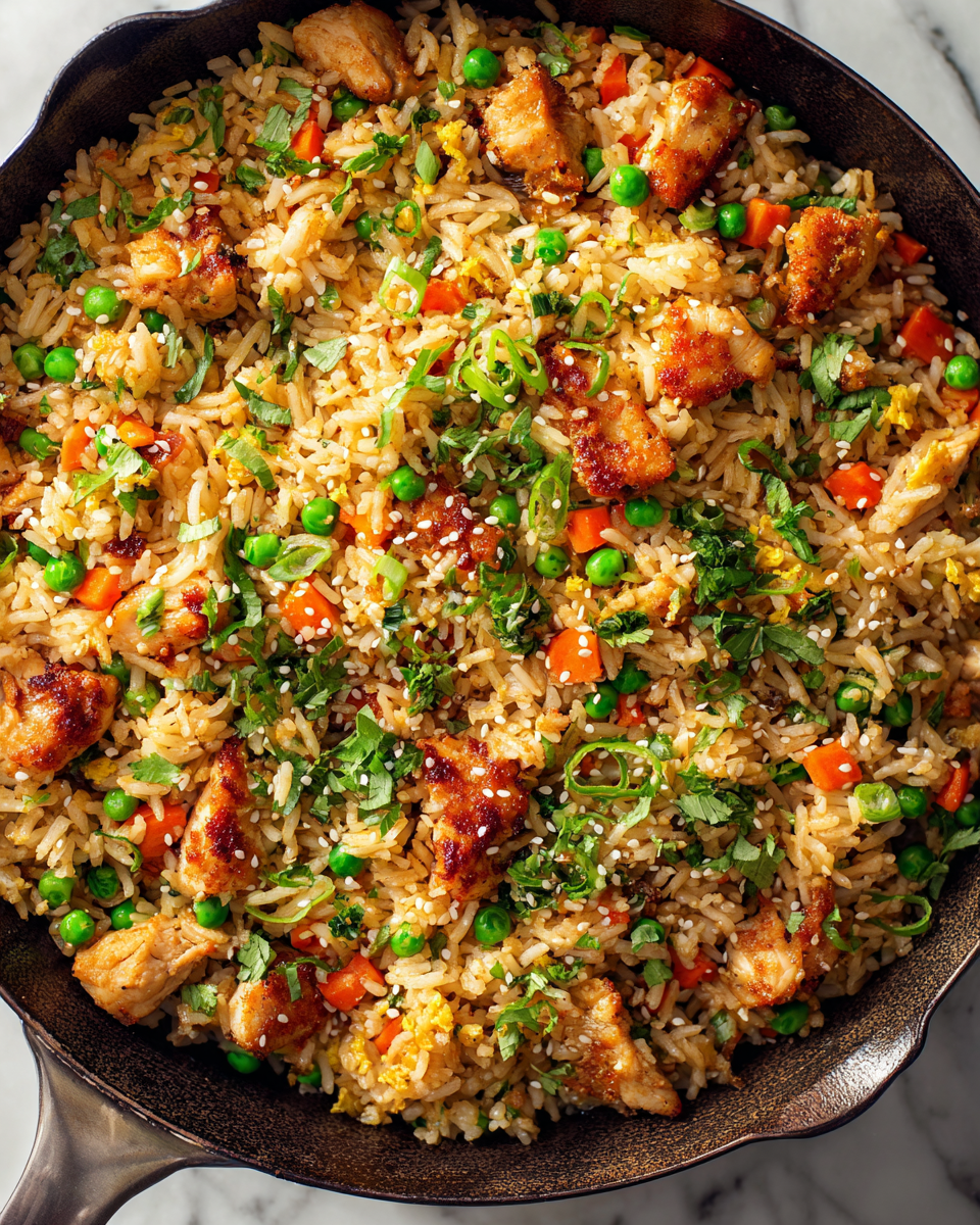 Chinese Chicken Fried Rice with vegetables and eggs, a quick stir-fry recipe for family dinners, using day-old rice for the best texture.