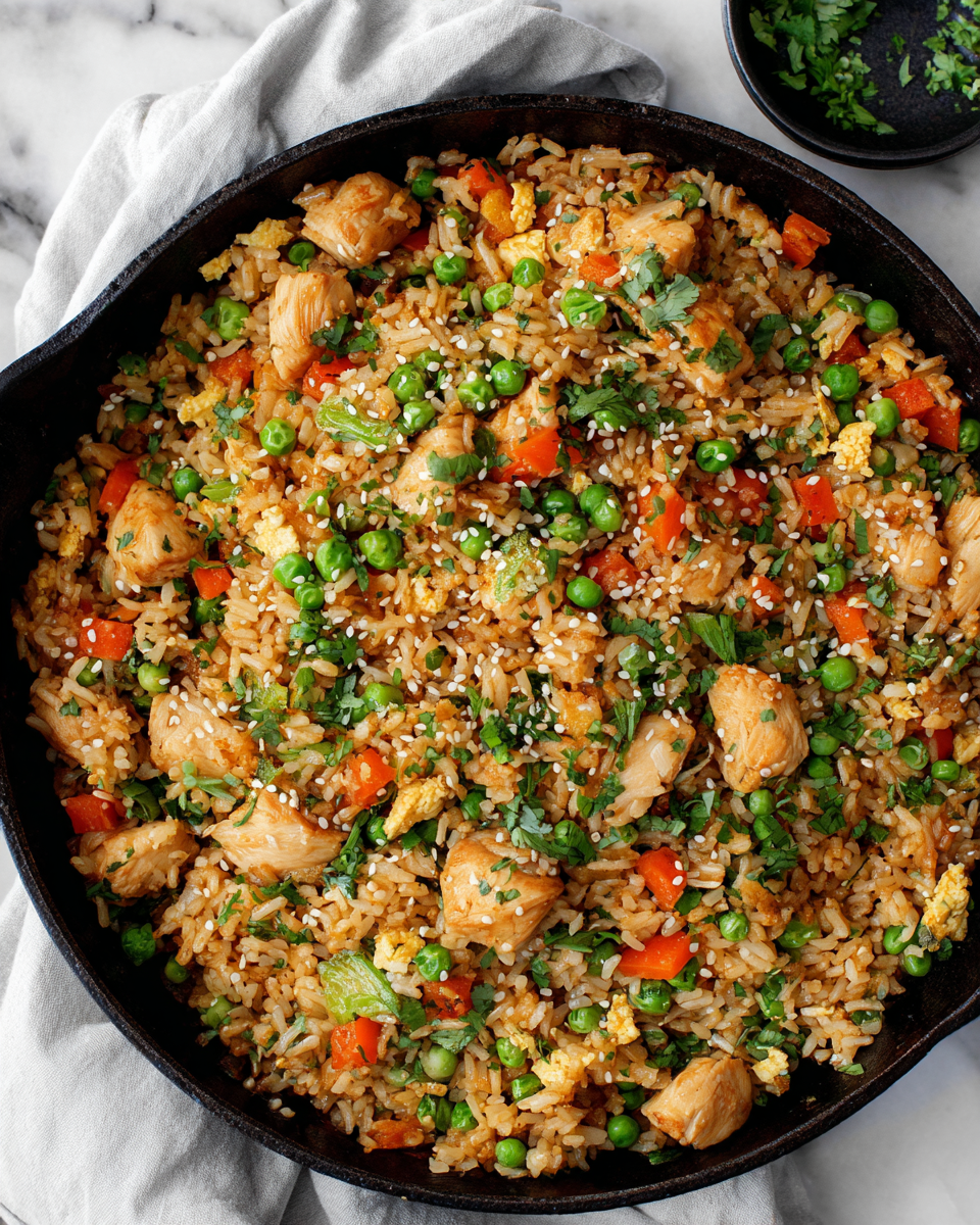 Chinese Chicken Fried Rice with vegetables and eggs, a quick stir-fry recipe for family dinners, using day-old rice for the best texture.