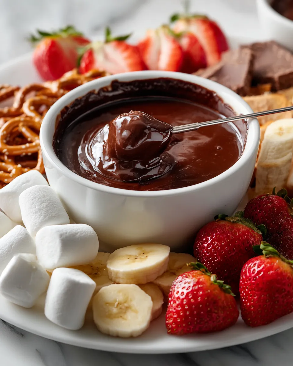 Delicious chocolate fondue perfect for holiday gatherings, featuring fresh fruits and marshmallows, a fun dessert experience.