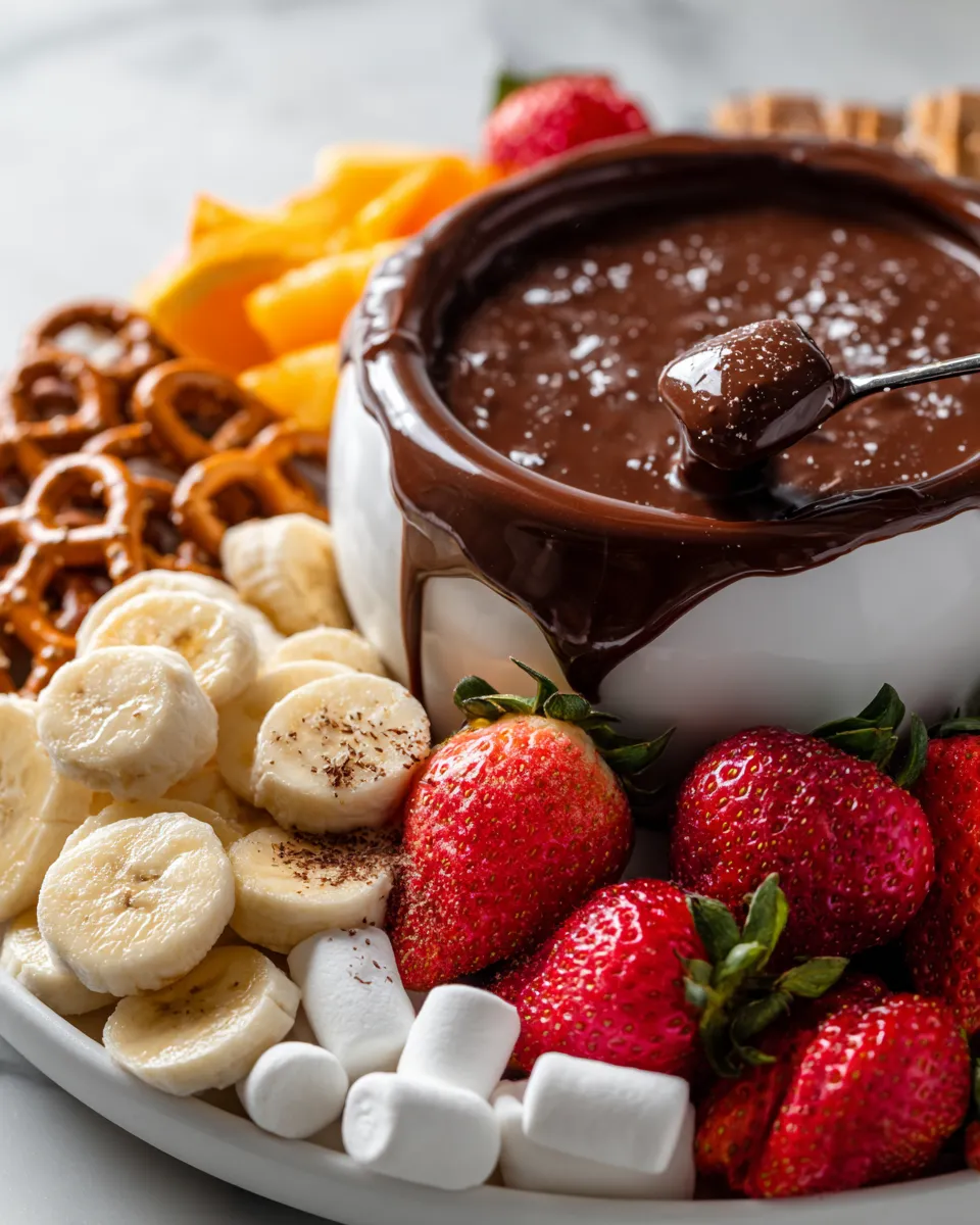 Delicious chocolate fondue perfect for holiday gatherings, featuring fresh fruits and marshmallows, a fun dessert experience.