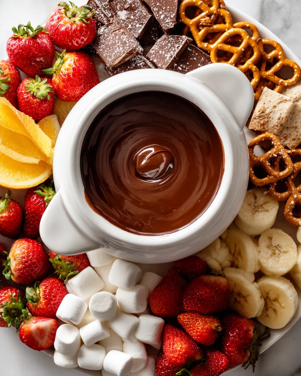 Delicious chocolate fondue perfect for holiday gatherings, featuring fresh fruits and marshmallows, a fun dessert experience.