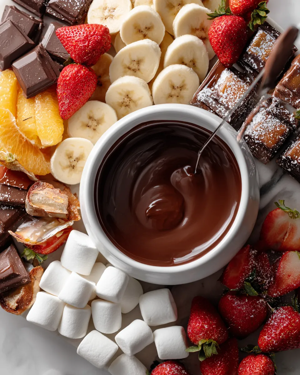 Delicious chocolate fondue perfect for holiday gatherings, featuring fresh fruits and marshmallows, a fun dessert experience.