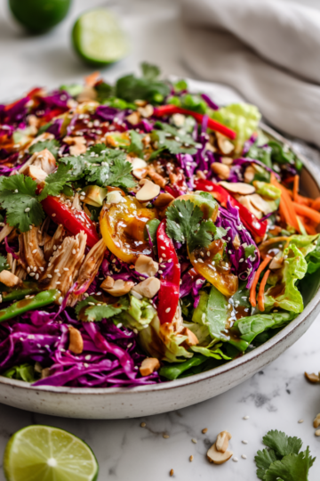Asian Chicken Crunch Salad with vibrant vegetables and shredded chicken in a flavorful dressing, ideal for light meals and holiday gatherings